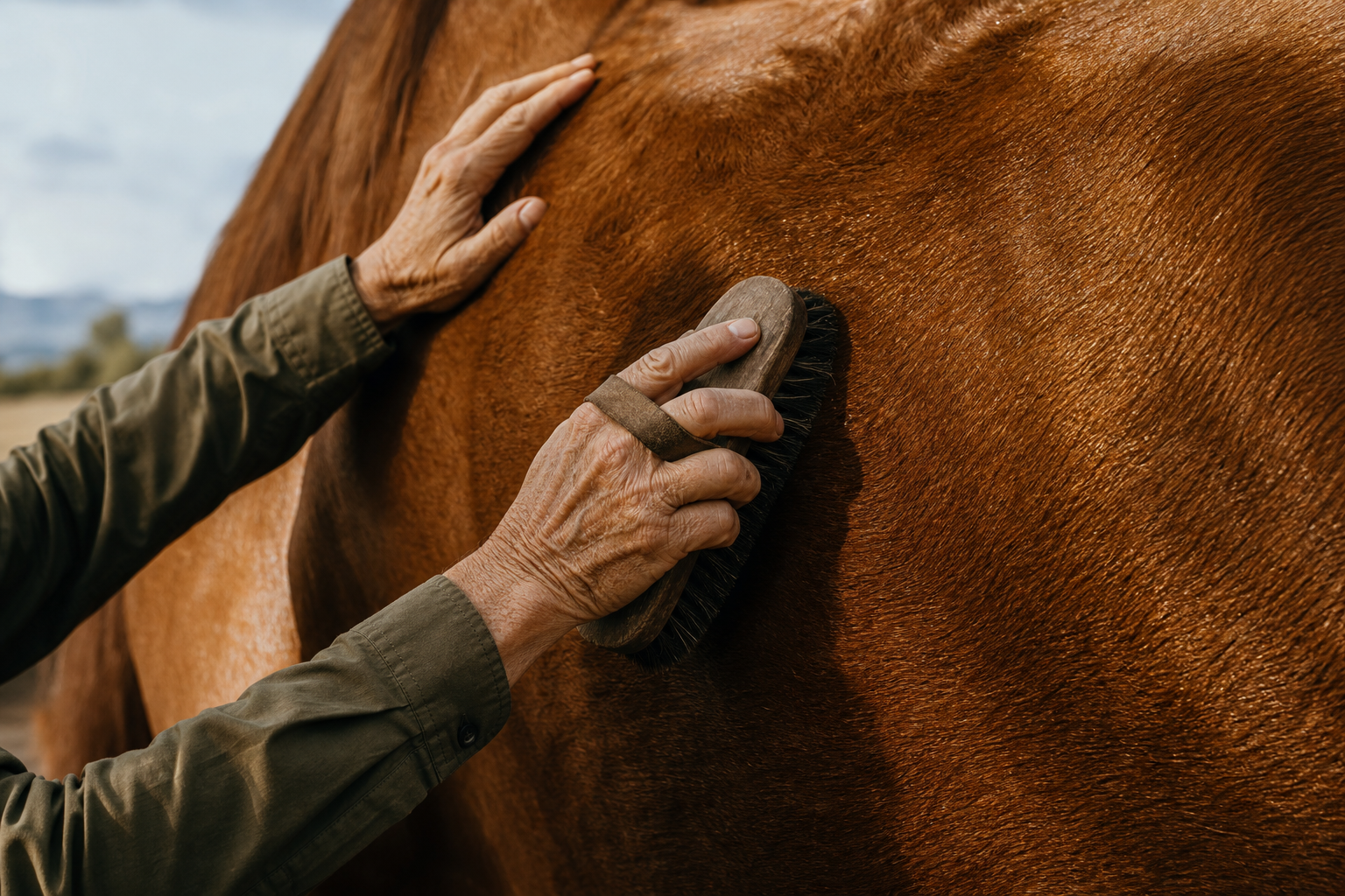 Hands brushing and grooming a horse during the Yes Day horse care station